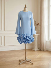 Powder Blue 3D Floral Classic Crew Neck Bell Long Sleeve Shift Mini Dress