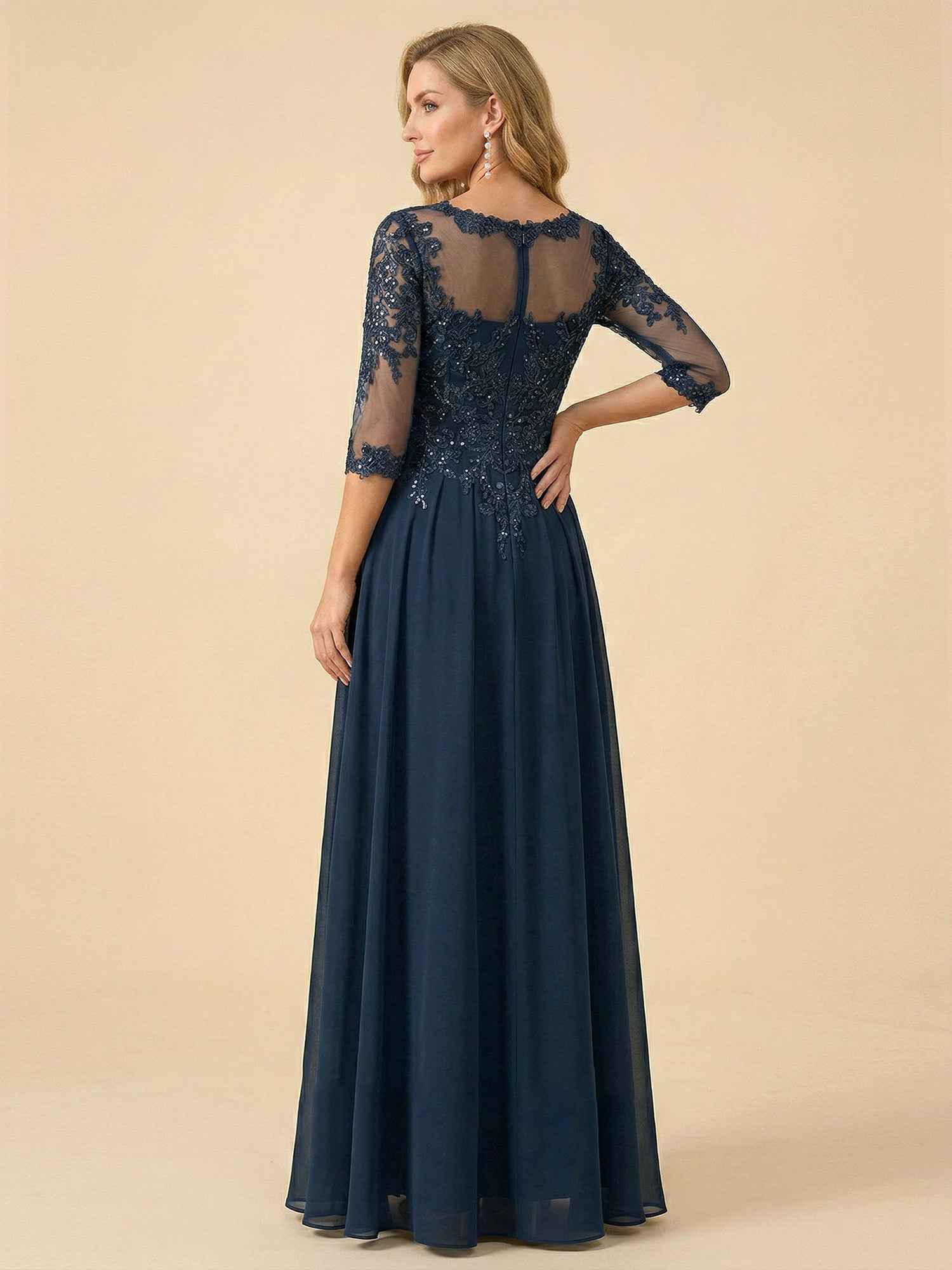 A-Line Scoop Neck 3/4 Sleeve Chiffon Mother of the Bride Gown