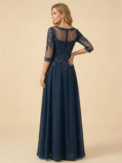 A-Line Scoop Neck 3/4 Sleeve Chiffon Mother of the Bride Gown