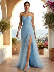 Strapless Sweetheart High Slit Tulle Pleat Prom Dress Evening Dresses