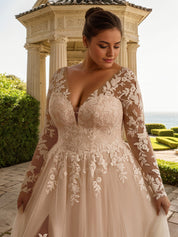 Long Sleeves Applique Wedding Dress V Neck White Bridal Gown Plus Size