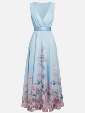 Light Blue Floral Chiffon V Neck Sleeveless A Line Maxi Dress