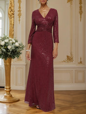 Red Ruched Sequin V Neck Three Quarter Sleeve Sheath Maxi Dress