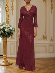 Red Ruched Sequin V Neck Three Quarter Sleeve Sheath Maxi Dress