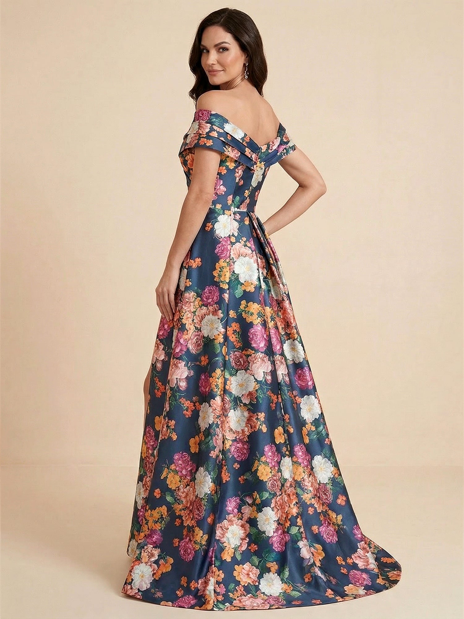 Off the Shoulder Print Floral Satin Mother of the Brides dress with Slit