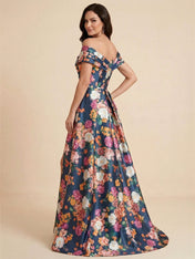Off the Shoulder Print Floral Satin Mother of the Brides dress with Slit
