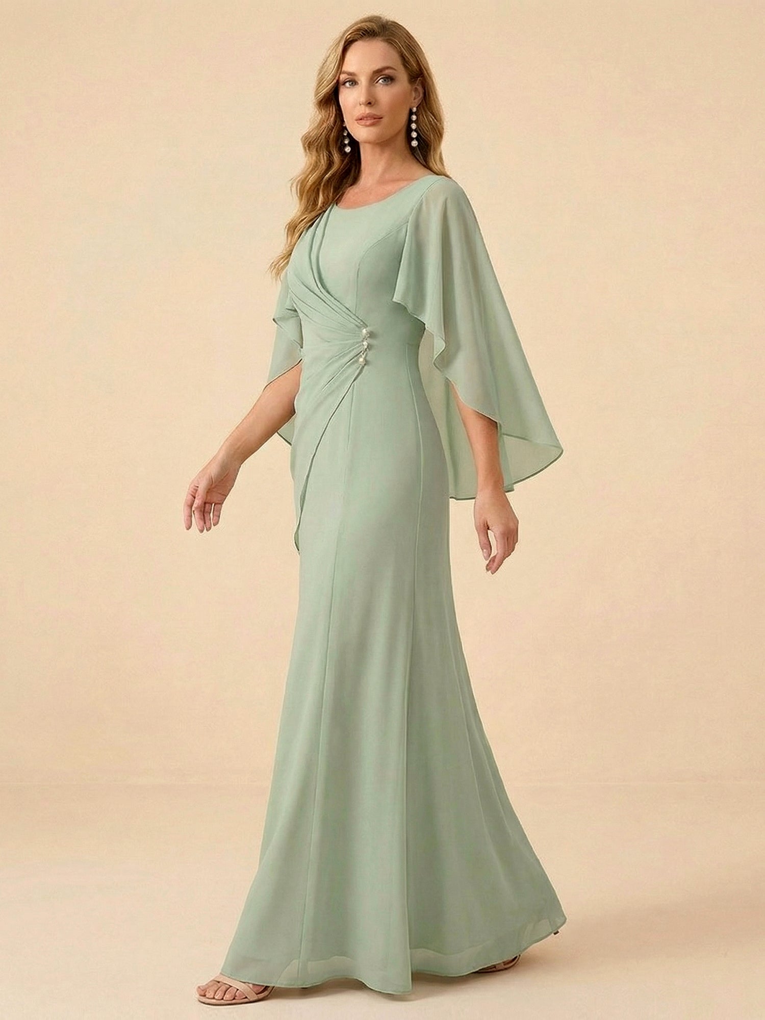 Sage Green Chiffon Beaded Mother of the Bride Dress with Cape Sleeves