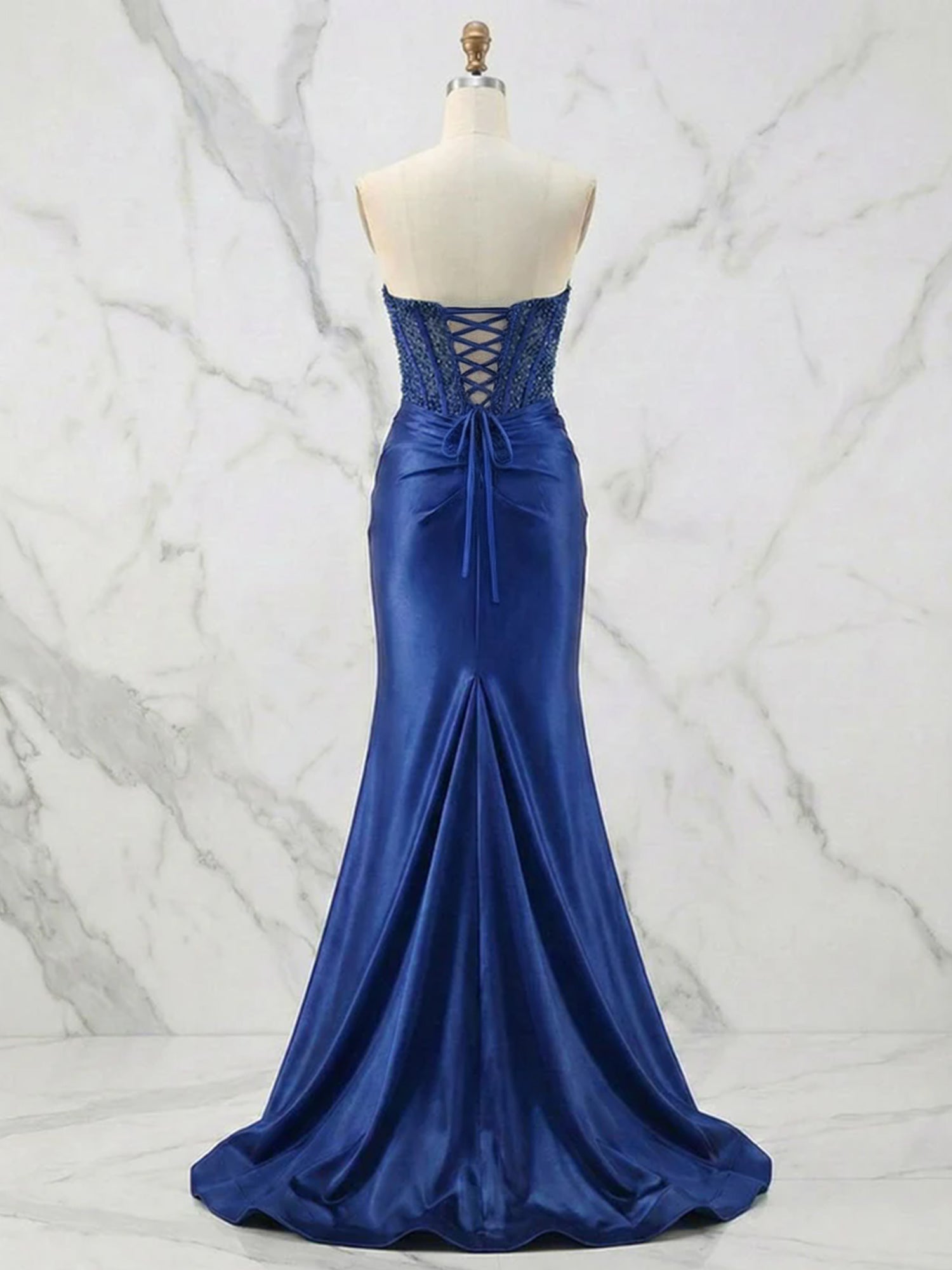 Glamorous Strapless Beaded Corset Satin Prom Dress with Slit