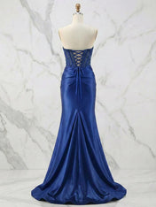 Glamorous Strapless Beaded Corset Satin Prom Dress with Slit