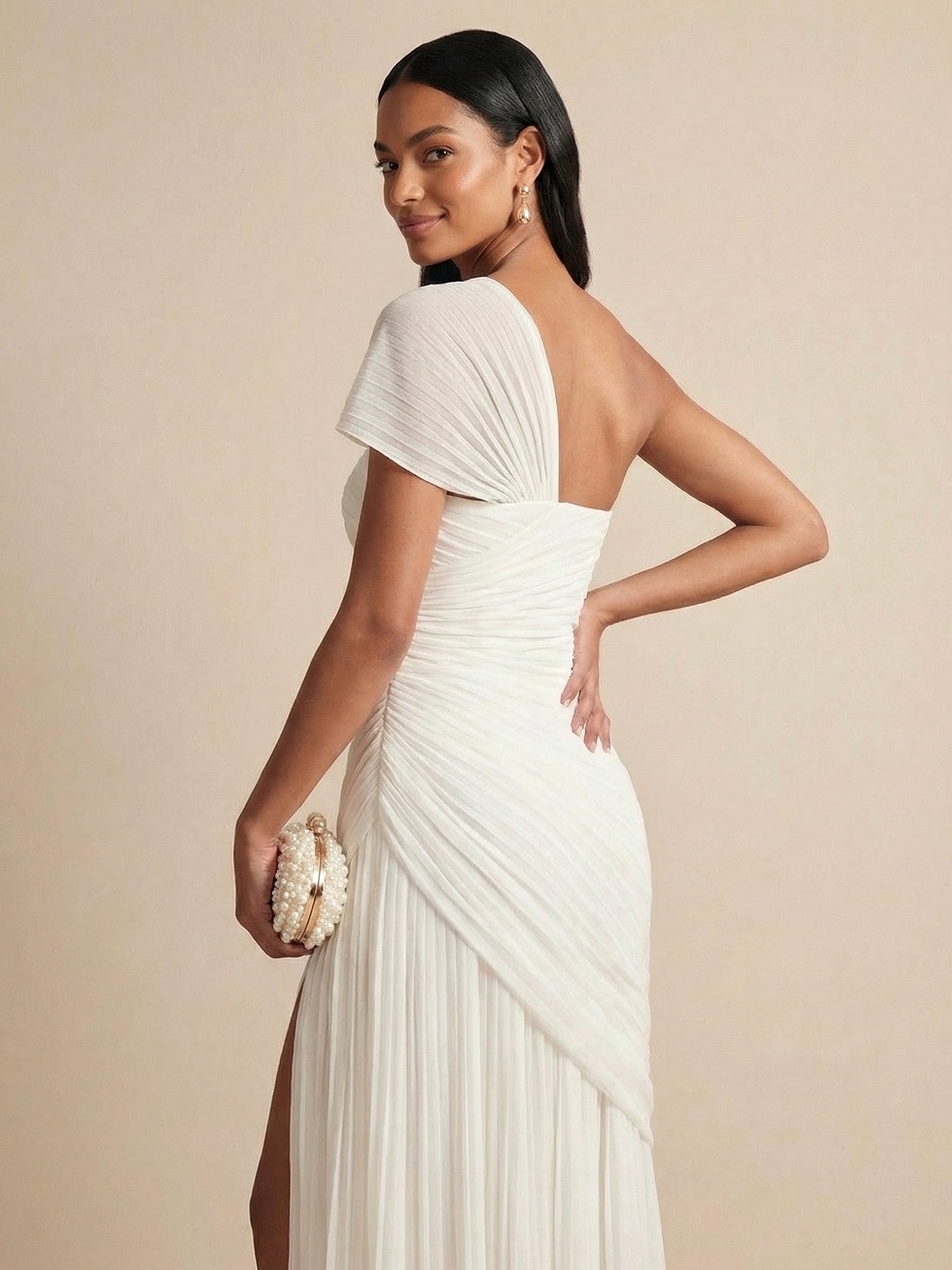 One Shoulder Pleated Chiffon Evening Dress with Side Slit