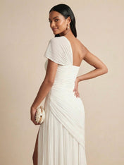One Shoulder Pleated Chiffon Evening Dress with Side Slit