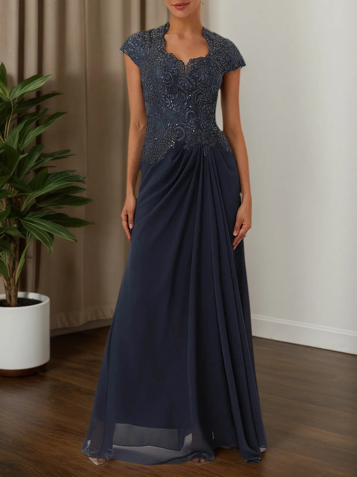 Purplish blue Sequin Lace Chiffon Dress Sweetheart Neckline Short Sleeve A-Line Maxi Mother of the Bride or Groom Dress