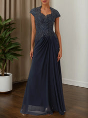 Purplish blue Sequin Lace Chiffon Dress Sweetheart Neckline Short Sleeve A-Line Maxi Mother of the Bride or Groom Dress