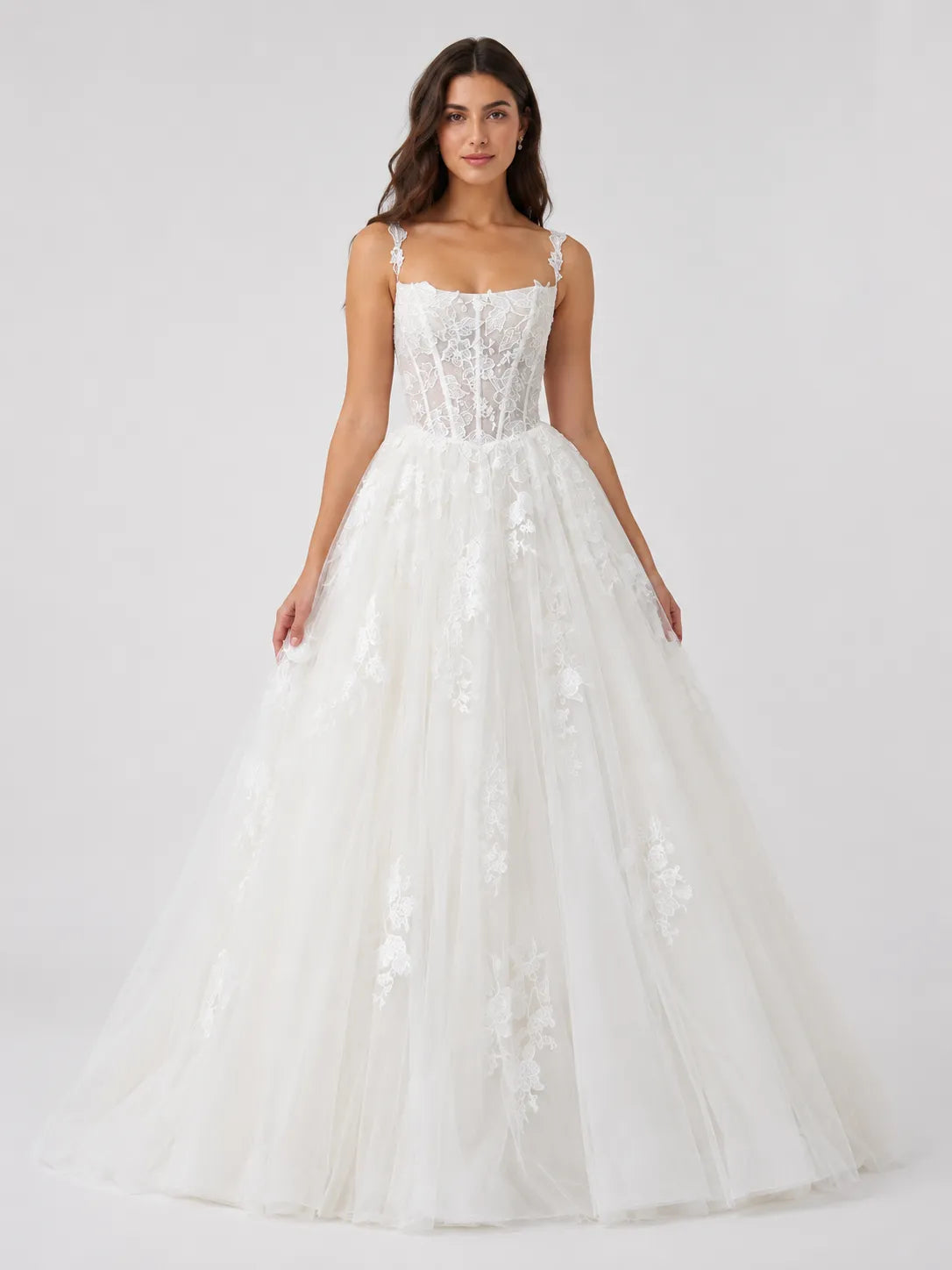 Romantic Square Neck Lace Corset Ball Gown Wedding Dress with Floral Appliqué Tulle Skirt