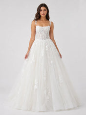 Romantic Square Neck Lace Corset Ball Gown Wedding Dress with Floral Appliqué Tulle Skirt