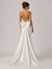 Elegant Strapless Satin Mermaid Wedding Dress with Beaded Neckline and Back Bow