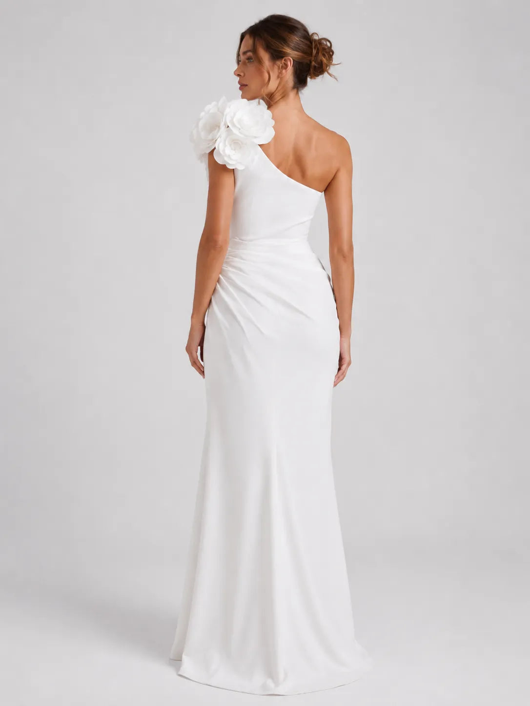 Elegant One-Shoulder Sheath Wedding Dress with 3D Floral Appliqués and High Slit