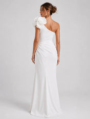 Elegant One-Shoulder Sheath Wedding Dress with 3D Floral Appliqués and High Slit