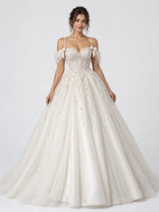 Pearl Beaded Spaghetti Strap Sweetheart Beaded Floral Ball Gown Wedding Dress
