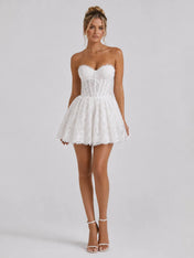 Elegant Strapless Lace Mini Wedding Dress with Sweetheart Neckline, Sheer Corset Waist and Lace-Up Back