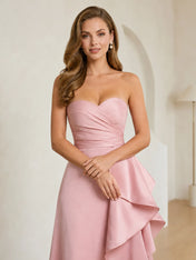Formal Evening Dress Blush Strapless Ruffle Maxi Dress Gown