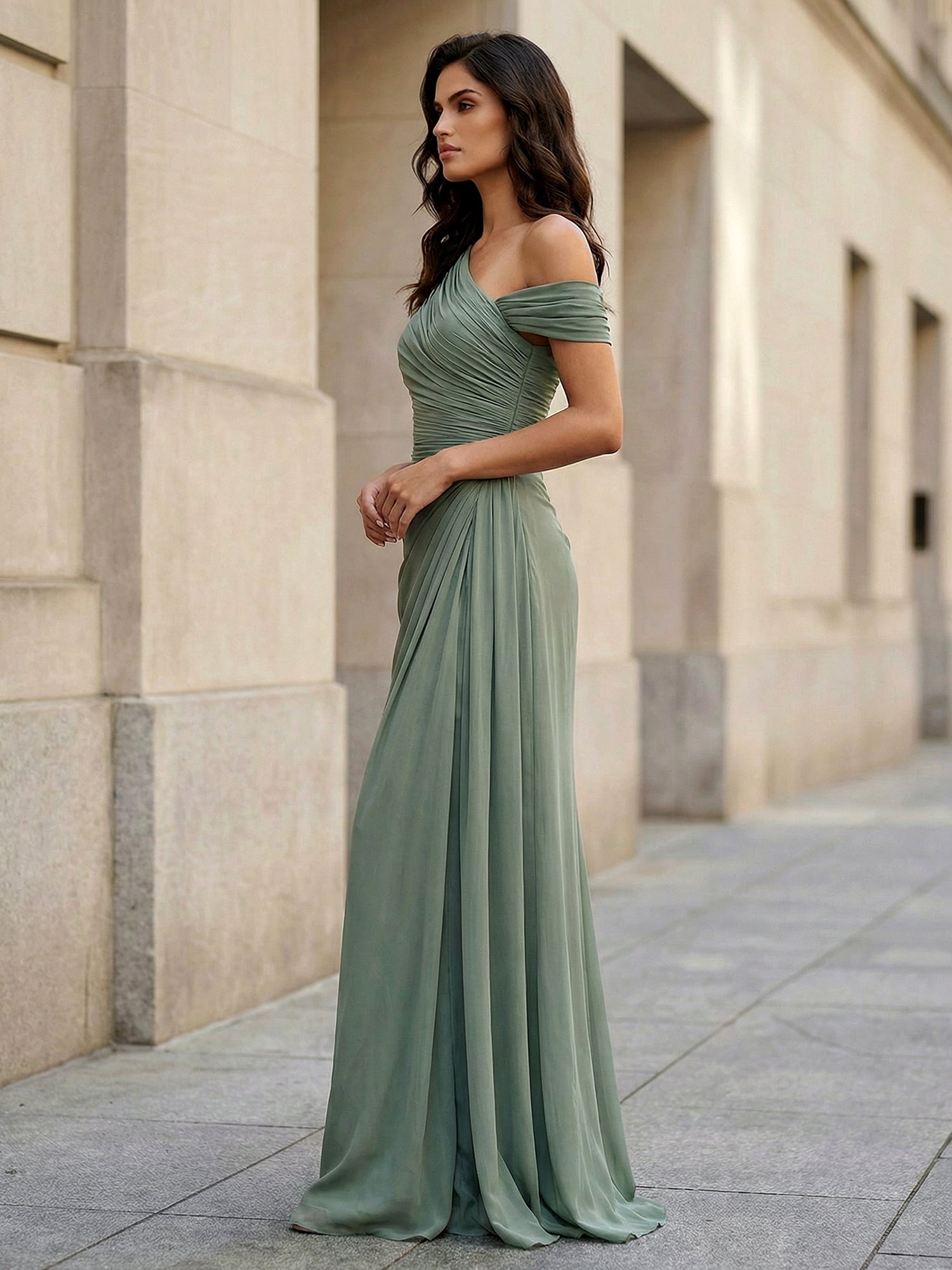 One Shoulder A Line Chiffon Evening Dress with Pleat
