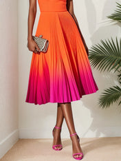 Orange Pleated Classic Square Neck Sleeveless A-Line Midi Dress