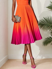 Orange Pleated Classic Square Neck Sleeveless A-Line Midi Dress