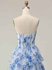 Blue Flower A Line Sweetheart Sequins Tiered Corset Long Prom Dress with Slit