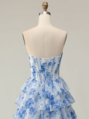 Blue Flower A Line Sweetheart Sequins Tiered Corset Long Prom Dress with Slit