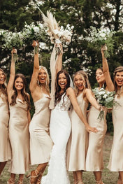 Spaghetti Straps Cowl Neck Tea-Length Champagne Sheath Bridesmaid Dress