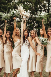 Spaghetti Straps Cowl Neck Tea-Length Champagne Sheath Bridesmaid Dress