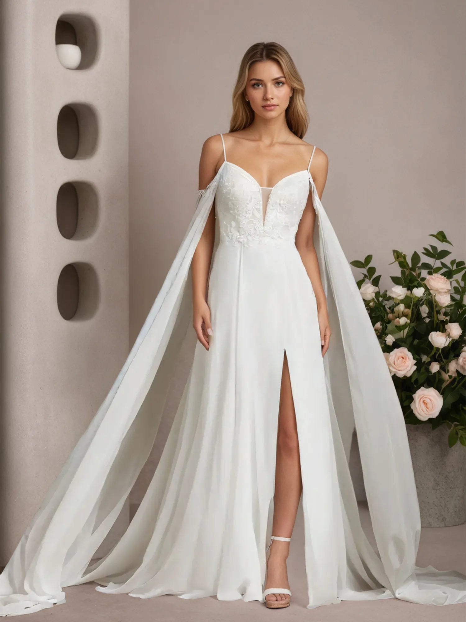 White A-Line Off The Shoulder Sleeveless Sequins Chiffon Wedding Dress