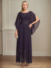 Robe de mère de la mariée trapèze en mousseline de soie et dentelle, longueur cheville, décolleté en V, illusion, avec paillettes 