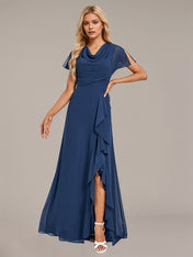 Navy Blue A-Line V Neck Floor-Length Chiffon Bridesmaid Dress With Cascading Ruffles