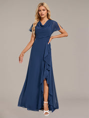 Navy Blue A-Line V Neck Floor-Length Chiffon Bridesmaid Dress With Cascading Ruffles