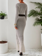 White Striped Sheath/Column Maxi Wool Sweater Dress With Belt