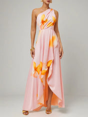 Orange Pink Floral One Shoulder Slit A Line Gown