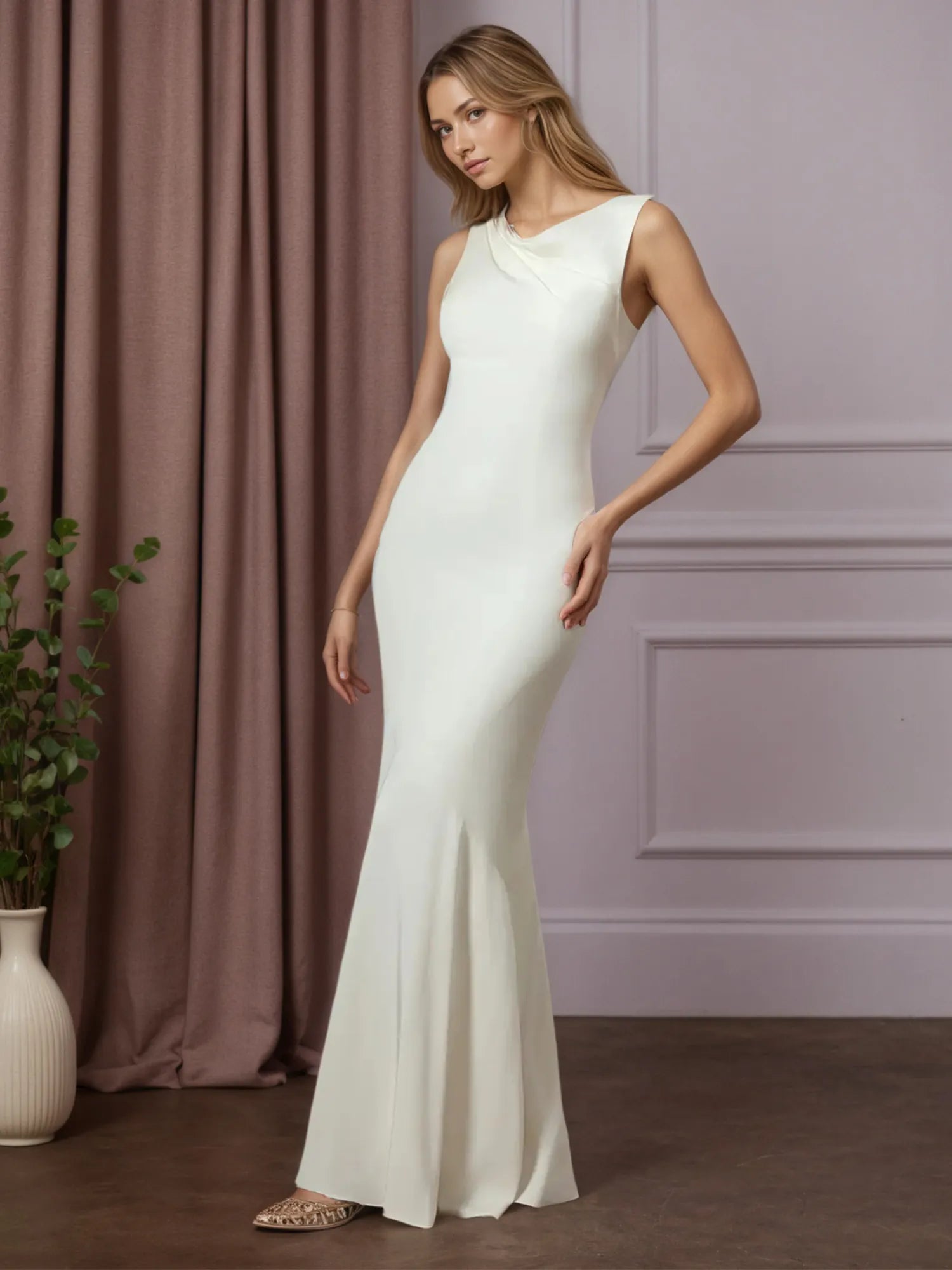White Mermaid Boat Neckline Stretch Crepe Wedding Dress