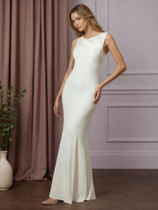 White Mermaid Boat Neckline Stretch Crepe Wedding Dress
