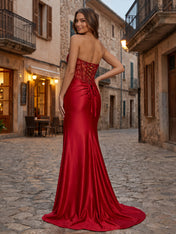 Red Strapless Beaded Lace Corset Satin Long Prom Dress with Slit
