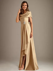 A-Line Scoop Floor-Length Stretch Satin Mother of the Bride Dress With Cascading Ruffles