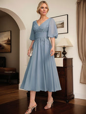 A-line V-Neck Tea-Length Lace Chiffon Mother of the Bride Dress With Pleated