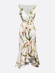 Off White V Neck Floral Mermaid Midi Satin Dress