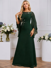 A-line Boat Neck Illusion Floor-Length Chiffon Evening Dress With Sequins Appliques Lace Pleated