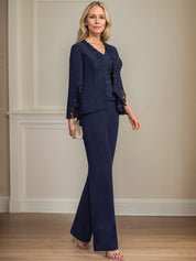 Separates Jumpsuit/Pantsuit V-Neck Floor-Length Chiffon Mother of the Bride Dress