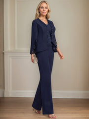 Separates Jumpsuit/Pantsuit V-Neck Floor-Length Chiffon Mother of the Bride Dress
