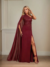 Sheath/Column One Shoulder Floor-Length Chiffon Mother of the Bride Dress With Appliques