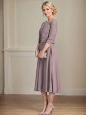 A-line Scoop Tea-Length Chiffon Mother of the Bride Dress With Pleated