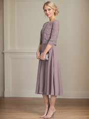 A-line Scoop Tea-Length Chiffon Mother of the Bride Dress With Pleated
